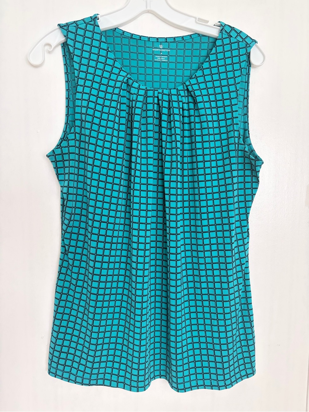 Worthington Teal Grid-Print Sleeveless Pleated Top Size M - Picture 2 of 7